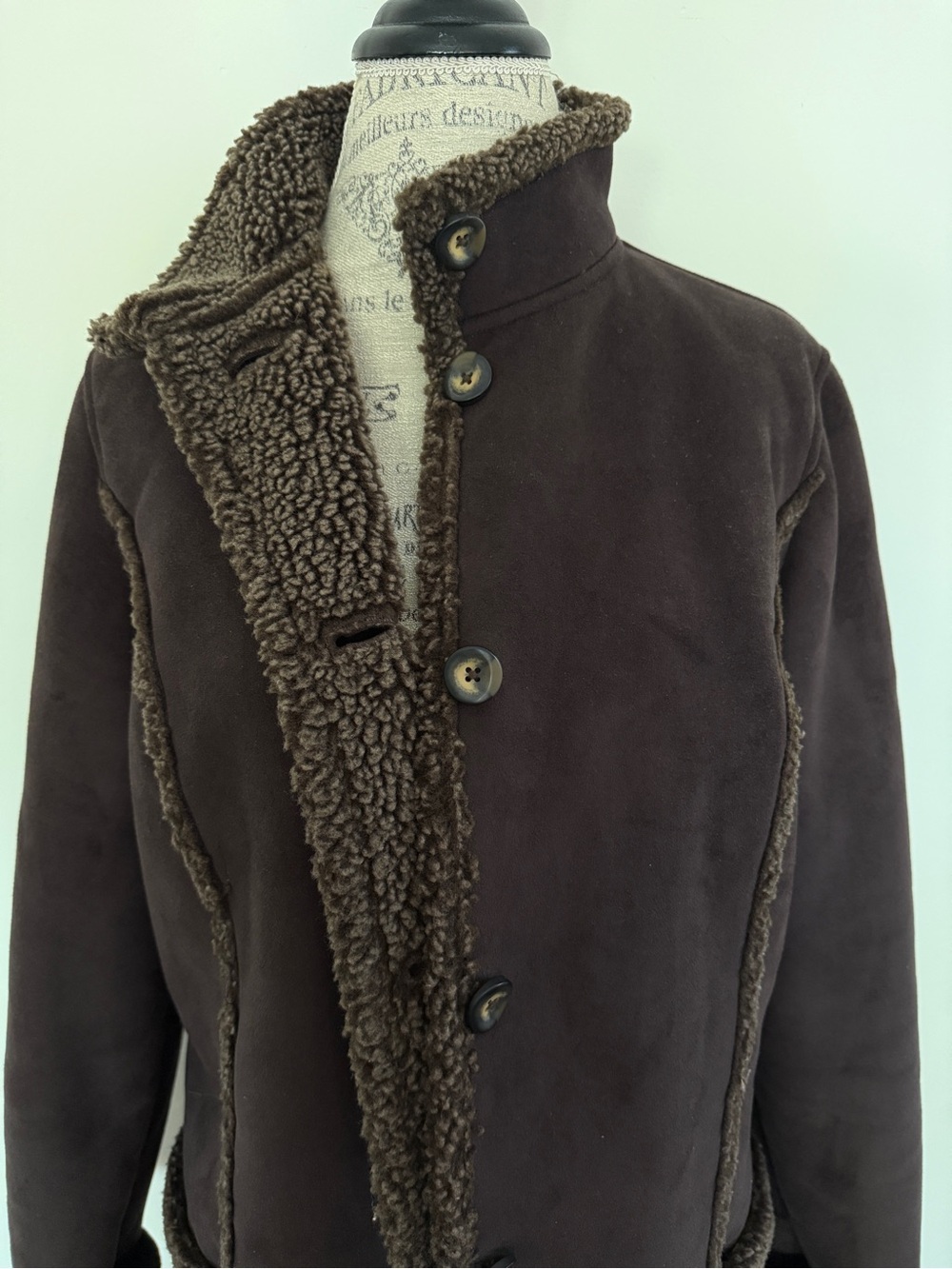 L.L. Bean Chocolate Brown Faux Suede Sherpa Shearling Coat - Picture 2 of 10